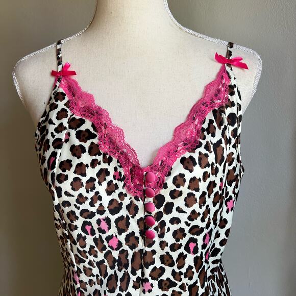 Kathryn Satin Cheetah Print Slip Dress Women’s Size Medium Vintage 90s Pink Lace - Picture 2 of 6